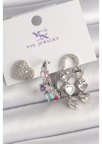 Pirinç Gümüş Renk Zirkon Taşlı Kalp Figür Renkli Taş Detay 3'lü Kadın Kombin Küpe