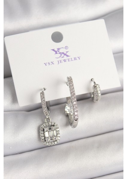 Pirinç Gümüş Renk Zirkon Taşlı Baget Halka Model 3'lü Kadın Kombin Küpe