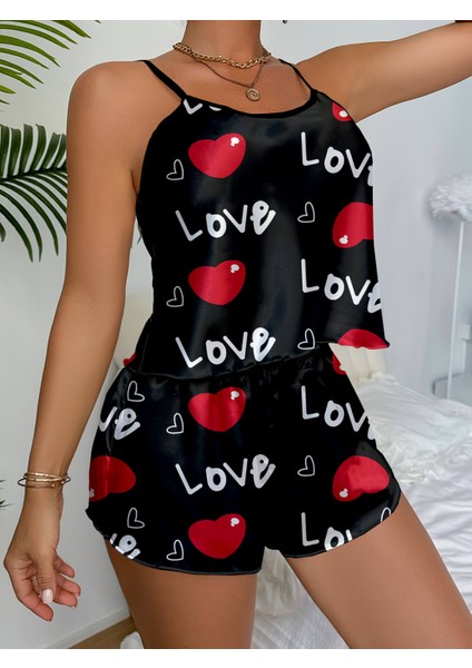 Love Baskılı Kalp Desenli Siyah Saten Şortlu Gecelik Takım