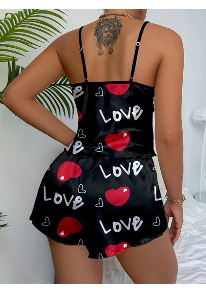Love Baskılı Kalp Desenli Siyah Saten Şortlu Gecelik Takım