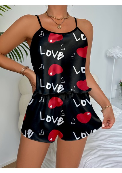 Love Baskılı Kalp Desenli Siyah Saten Şortlu Gecelik Takım