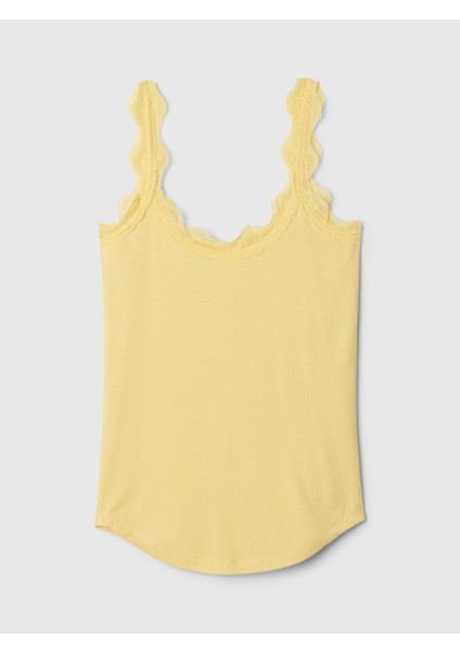 Kadın Sarı Dantel Detaylı Askılı Pijama Üstü