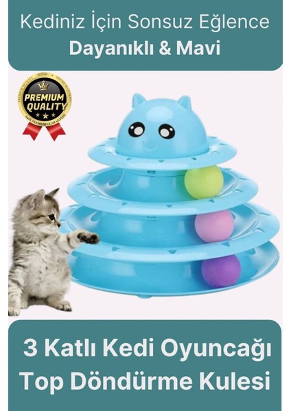 Premium Eğlenceli Renkli Dayanıklı Yuvarlak Kauçuk Pedli 3 Katlı Kedi Oyuncağı Top Döndürme Kulesi