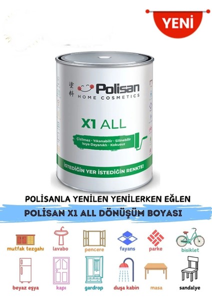 X1 All Yeni Nesil Dönüşüm Boyası Dolap-Fayans-Cam-Plastik-Ahşap-Duvar Sınırsız Renk 0.75 Lt Gül Yaprağı