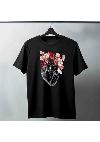 Kalp Çiçek Baskılı Özel Tasarım Oversize Tshirt
