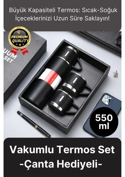 Paslanmaz çelik çift katmanlı sıcak soğuk 3 bardaklı vakumlu termos çanta hediyeli 550 ml