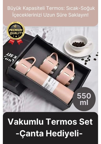 Paslanmaz çelik çift katmanlı sıcak soğuk 3 bardaklı vakumlu termos çanta hediyeli 550 ml
