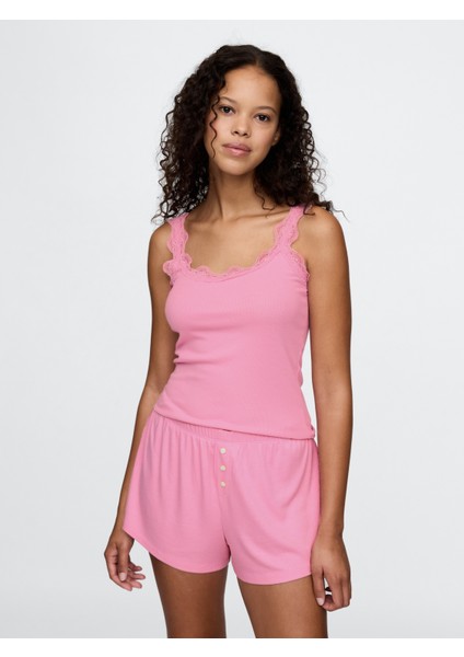 Kadın Pembe Dantel Detaylı Askılı Pijama Üstü