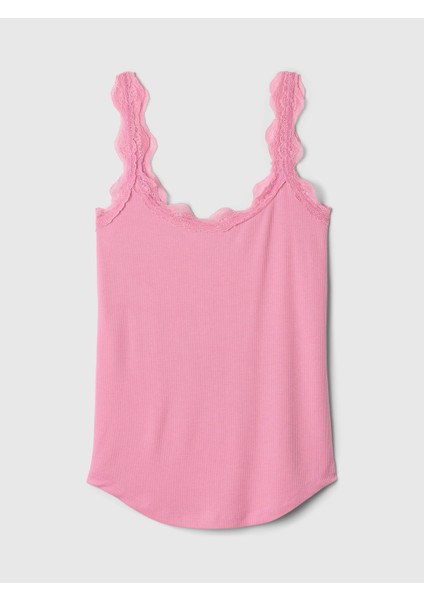 Kadın Pembe Dantel Detaylı Askılı Pijama Üstü