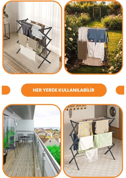 Portadry Taşınabilir Yer Tasarruflu Pratik ve Dayanıklı Metal Akordiyon Çamaşır ASKISI-100 cm Siyah
