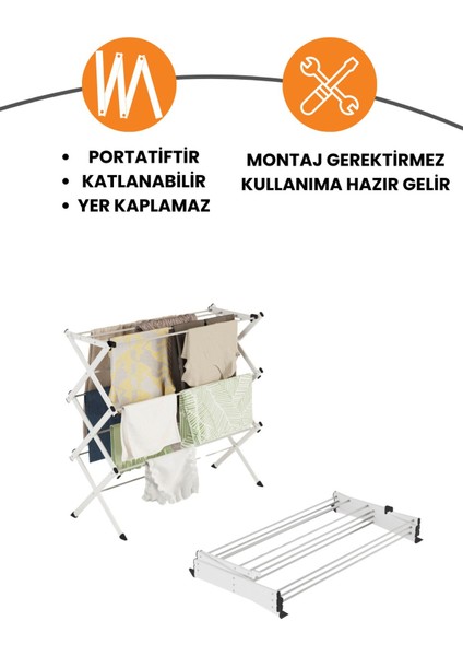 Portadry Taşınabilir Yer Tasarruflu Pratik ve Dayanıklı Metal Akordiyon Çamaşır ASKISI-100 cm Beyaz