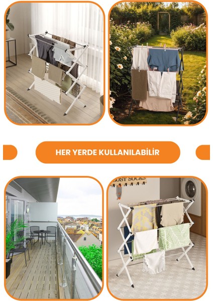 Portadry Taşınabilir Yer Tasarruflu Pratik ve Dayanıklı Metal Akordiyon Çamaşır ASKISI-100 cm Beyaz