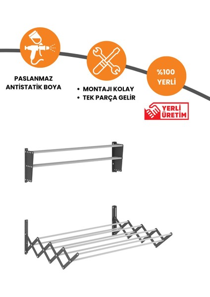 Breezedry 70CM Duvara Monte Yer Tasarruflu ve Pratik Akordiyon Çamaşır Askısı-70 cm Antrasit