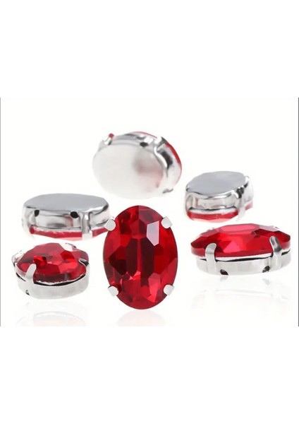 10x14(1.4 Cm) Oval Kasalı Dikme Cam Taş Kırmızı (20 Adet)