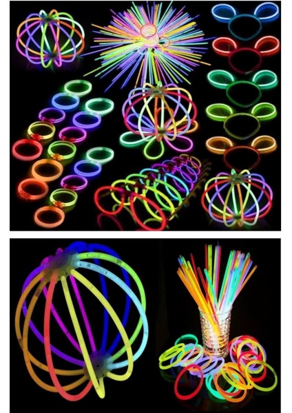 Glow 50 Adet (50ÇUBUK+50BAĞLANTI Aparat)Fosforlu Neon Karanlıkta Parlayan Çubuklar Bileklik Kolye Yapma Seti