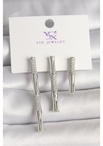 Pirinç Gümüş Renk Zirkon Taşlı Bambu Model 3'lü Kadın Kombin Küpe