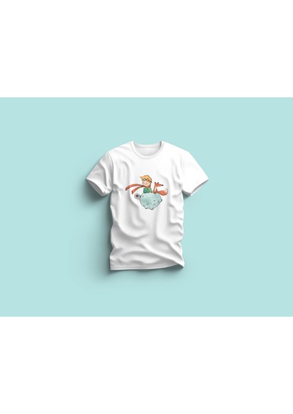Kaliteli Penye Kadın Erkek Yetişkin Baskılı Beyaz Gri Siyah Tshirt Küçük Prens Beyaz
