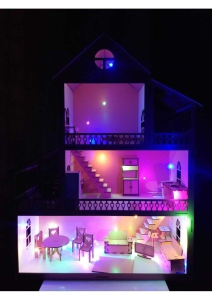 LED Işıklı Ahşap Oyun Evi - Küçük Boy - (60cmx45cmx20 cm)