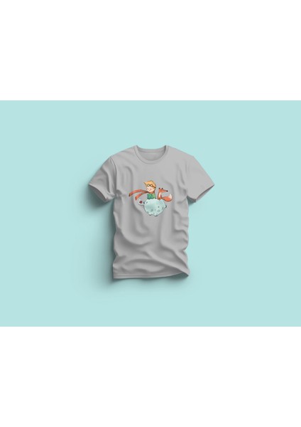 Kaliteli Penye Kadın Erkek Yetişkin Baskılı Beyaz Gri Siyah Tshirt Küçük Prens Beyaz
