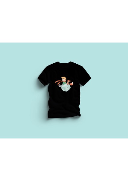 Kaliteli Penye Kadın Erkek Yetişkin Baskılı Beyaz Gri Siyah Tshirt Küçük Prens Beyaz