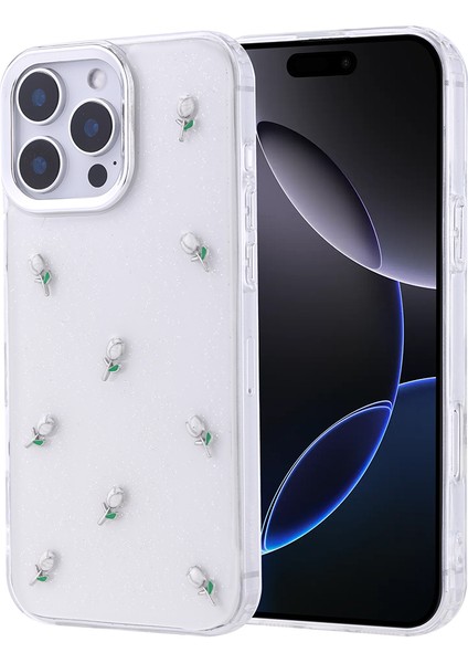 Apple iPhone 16 Pro Max Kılıf Kabartmalı Desenli Simli Şeffaf A+ Kalite Kapak