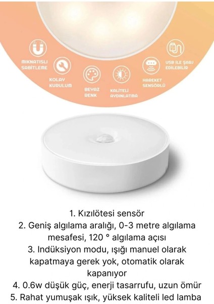 Premium Hareket Sensörlü USB Şarj Edilebilir Mıknatıslı 3 Mod 8 Ledli Beyaz Işık Gece Lambası 1 Adet