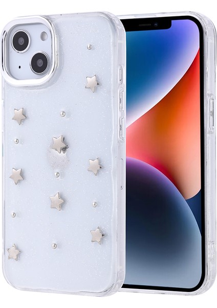 Apple iPhone 13 Kılıf Kabartmalı Desenli Simli Şeffaf A+ Kalite Kapak