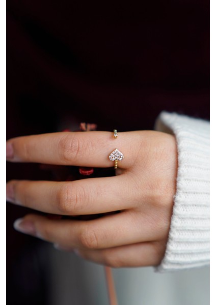 Taşlı Kalp Tasarım Ayarlanabilir Gold Kadın Yüzük