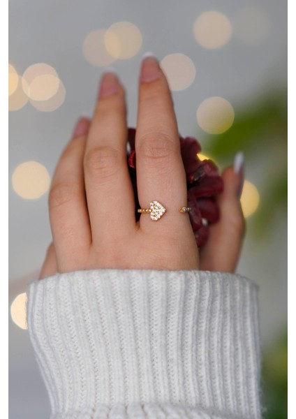 Taşlı Kalp Tasarım Ayarlanabilir Gold Kadın Yüzük fiyatları