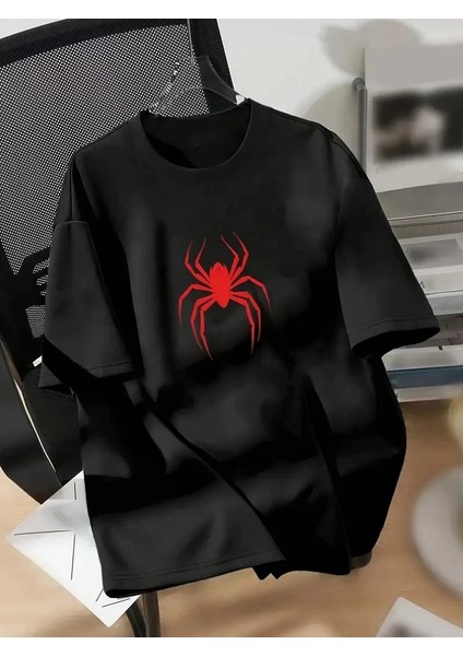 Baskılı Oversize Bisiklet Yaka T-Shirt - Siyah