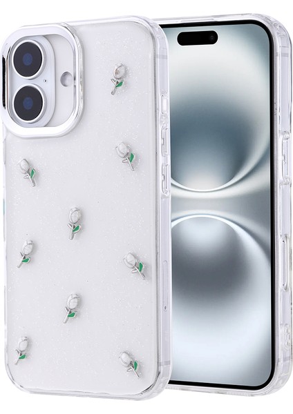 Apple iPhone 16 Kılıf Kabartmalı Desenli Simli Şeffaf A+ Kalite Kapak