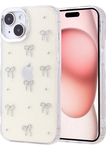 Apple iPhone 15 Kılıf Kabartmalı Desenli Simli Şeffaf A+ Kalite Kapak