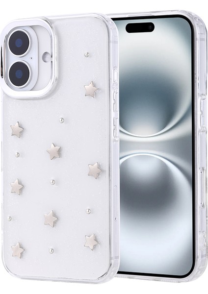 Apple iPhone 16 Kılıf Kabartmalı Desenli Simli Şeffaf A+ Kalite Kapak