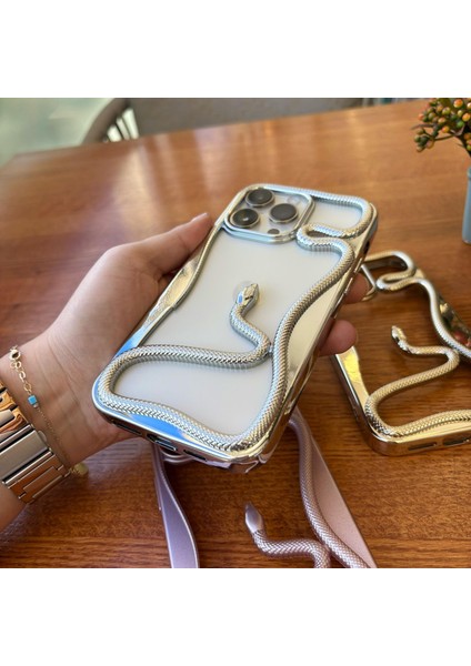 Epaserpent Yılan Figürlü Çerçeve Telefon Kılıfı Iphone 15 Pro Max Gümüş modelleri