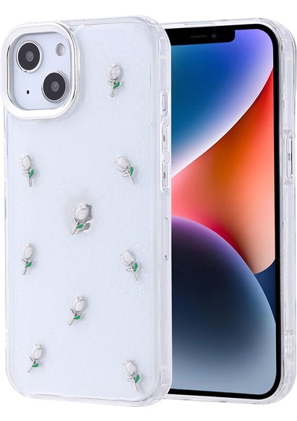 Apple iPhone 14 Kılıf Kabartmalı Desenli Simli Şeffaf A+ Kalite Kapak