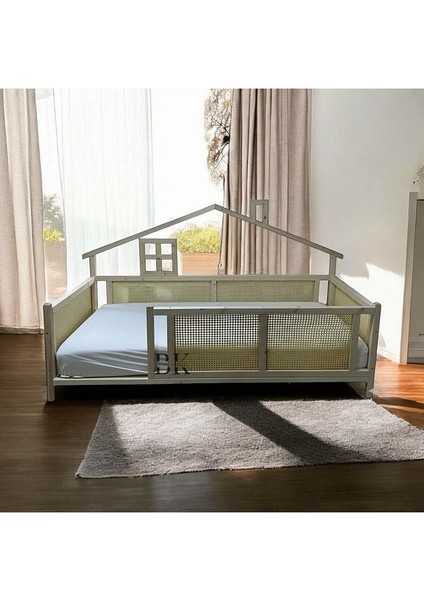 Hasır Detaylı Wicker Doğal Ahşap Montessori Bebek ve Çocuk Karyolası