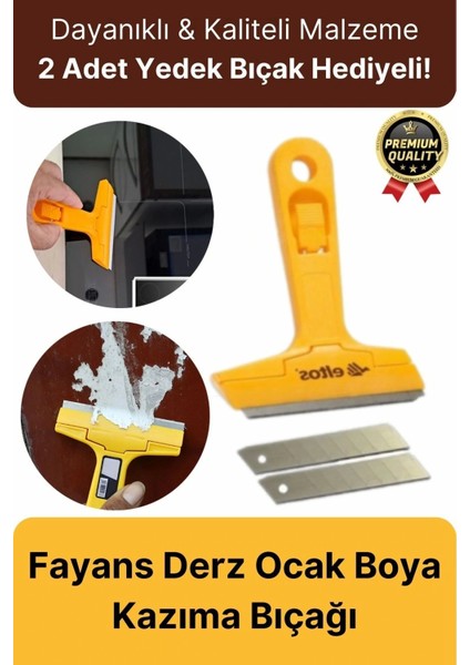 Çok Fonksiyonlu Cam Seramik Ocak Fayans Derz Boya Kısa Saplı 2 Adet Yedekli Sökücü Kazıma Bıçağı