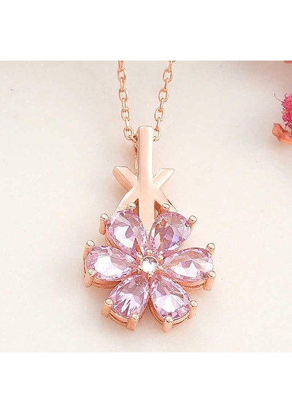 Gümüş Rose Pembe Sevgi Çiçeği Kadın Kolye