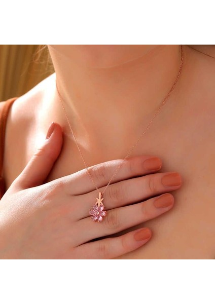 Gümüş Rose Pembe Sevgi Çiçeği Kadın Kolye
