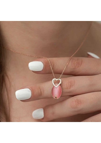 ​gümüş Pembe Kedi Gözü Taşlı Kalp Kolye modelleri