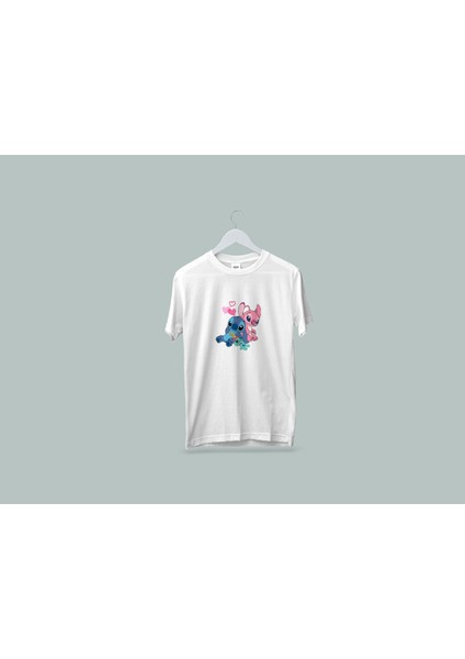 Kaliteli Penye Kadın Yetişkin Baskılı Beyaz Gri Siyah Tshirt Lilo Stitch