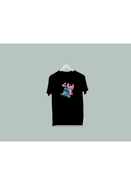 Kaliteli Penye Kadın Yetişkin Baskılı Beyaz Gri Siyah Tshirt Lilo Stitch