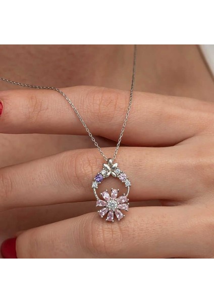 Gümüş Pembe Dönen Çiçek Kadın Kolye