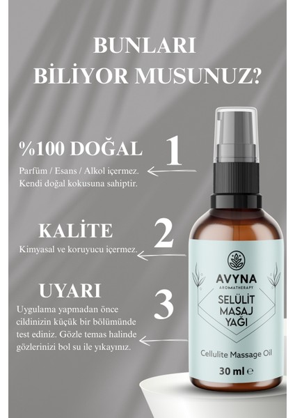 Selülit Masaj Yağı 30 ml Cam Şişede %100 Saf ve Doğal (Cellulite Massage Oil)