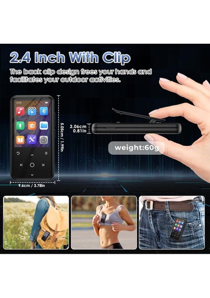 64GB Mp3 Çalar Bluetooth, 2.4 Inç Ekran, Klipsli Tasarım, 500MAH Pil