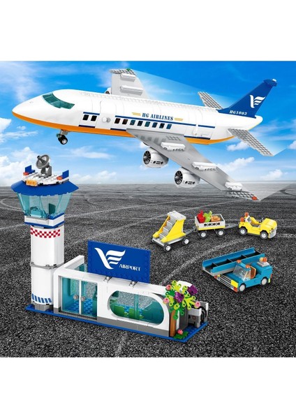 Büyük City Uçak Yapım Seti ,led Işıklı, 53,5 cm x 17 Cm, Terminal, Radar Kulesi ve 2 Bagaj Arabası modelleri
