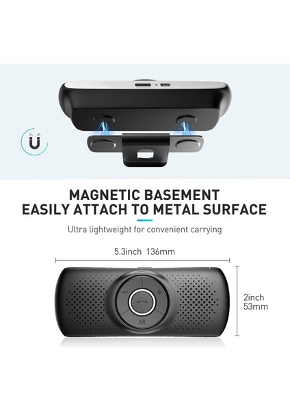 Bluetooth 5.0 Araç Kiti, Mikrofonlu, Tf Kart Girişli, Siri Destekli Handsfree Hoparlör