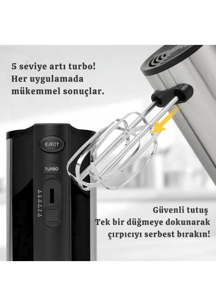 400W El Mikseri, 5 Hız Seviyesi, Turbo Modu, Stand Tutucu ve Paslanmaz Çelik Aksamlı