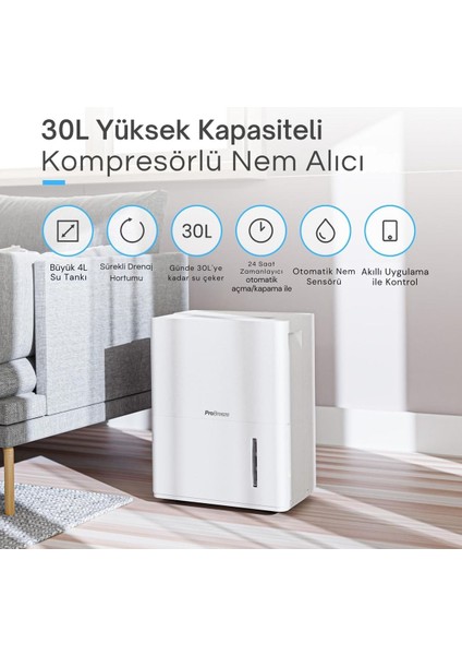 30L/GÜN Akıllı Nem Alma Cihazı Wi-Fi, Uygulama, Sürekli Tahliye ve Otomatik Nem Sensörü