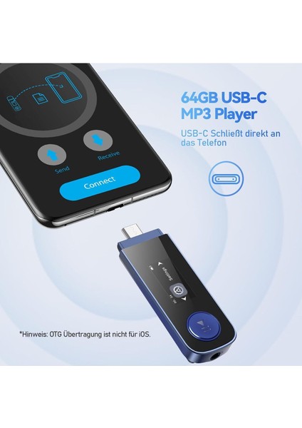 64GB Taşınabilir USB Mp3 Çalar Bluetooth, Type-C Bağlantı